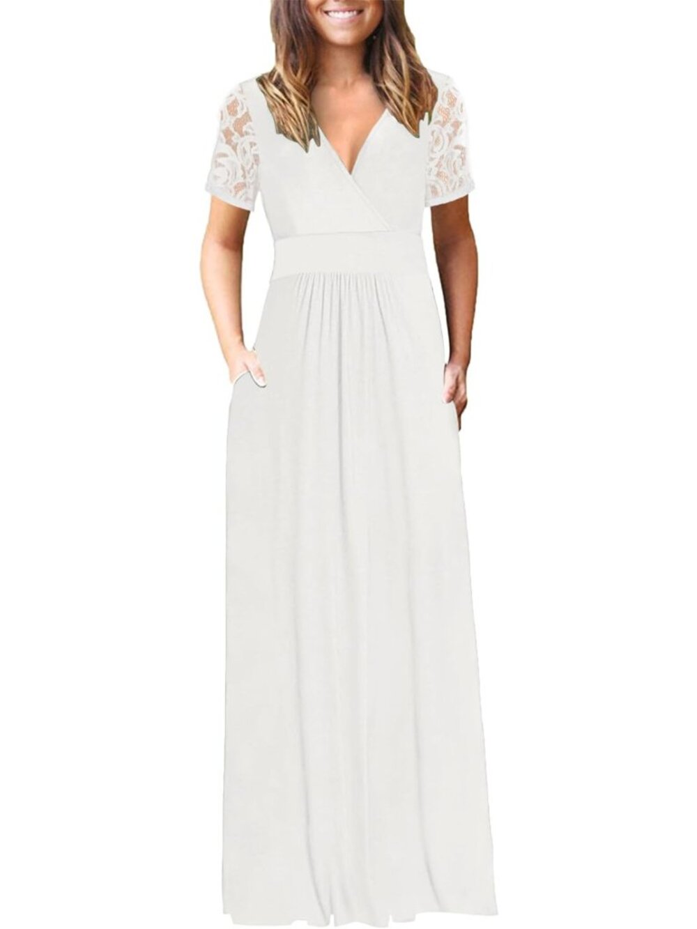 Chic Lace Maxi Dress with Pockets, Short Sleeve V-Neck, Perfect for Any Occasion